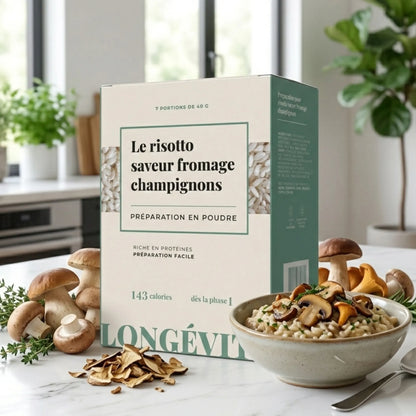 Risotto fromage champignons protéiné en poudre, riche en protéines et facile à préparer – LONGÉVITÉ