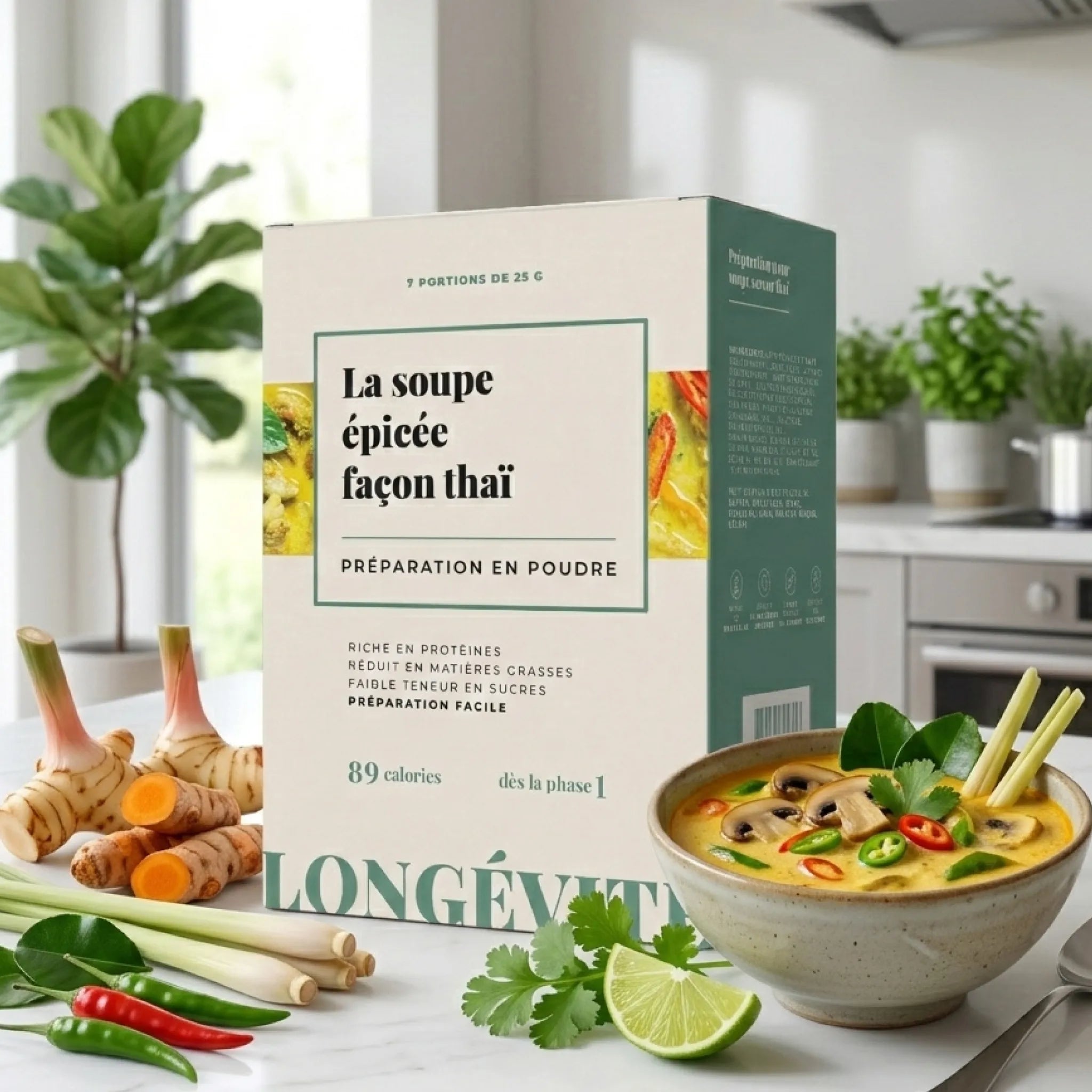 Soupe épicée façon thaï protéinée en poudre, riche en protéines et faible en matières grasses – LONGÉVITÉ