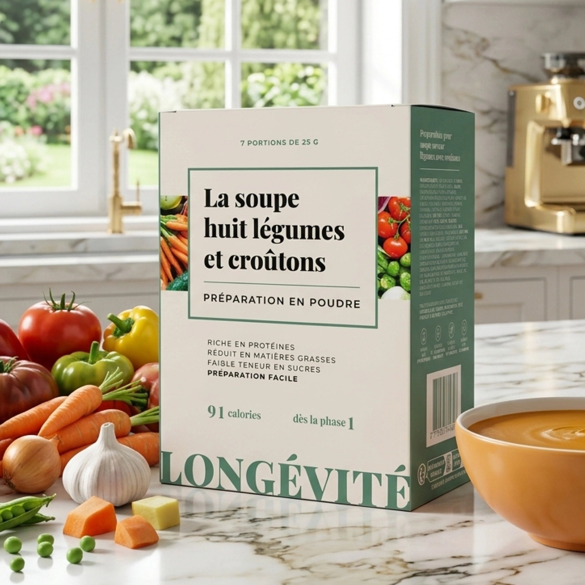 Soupe 8 légumes et croûtons protéinée en poudre, riche en protéines et faible en matières grasses – LONGÉVITÉ