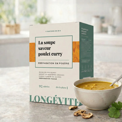 Soupe poulet curry protéinée en poudre, riche en protéines et faible en matières grasses – LONGÉVITÉ