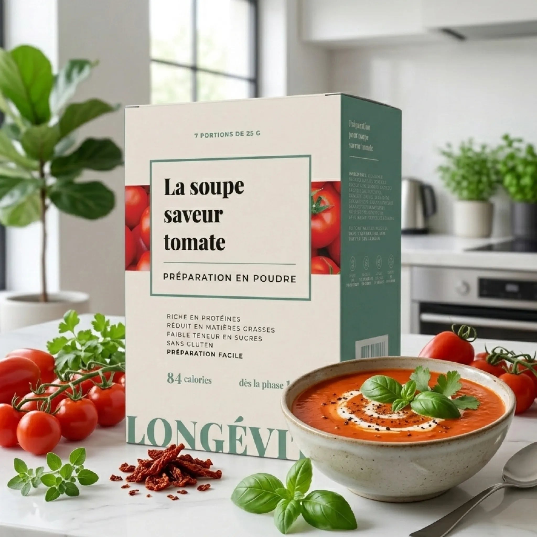 Soupe tomate protéinée en poudre, riche en protéines et faible en matières grasses – LONGÉVITÉ